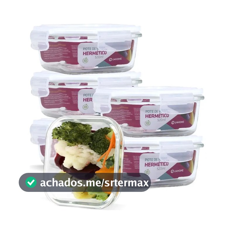 Kit 6 Potes Vidro Hermético Trava Quadrado 520ml Marmita Cor Branco (CL)