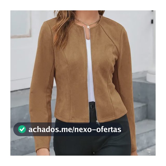 Jaqueta De Gola Redonda Com Zíper Na Frente Para Mulheres