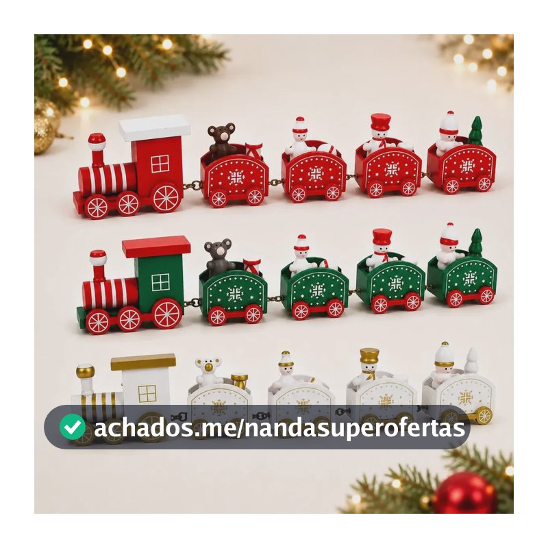 Trenzinho Enfeite de Natal de Madeira com 5 peças 1 Locomotiva + 4 Vagões Decoração Natalina Premium Encantadora Trem de Natal Vermelho - Petite Flô