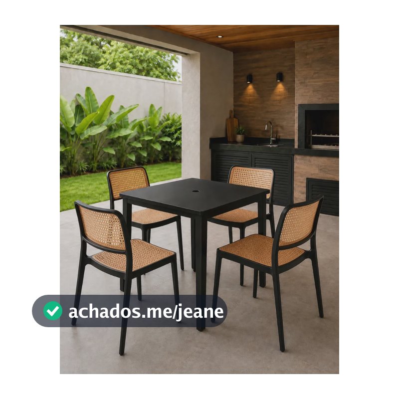Kit Mesa Quadrada 4 Cadeiras Monaco Para Cozinha E Sala Preto Rattan