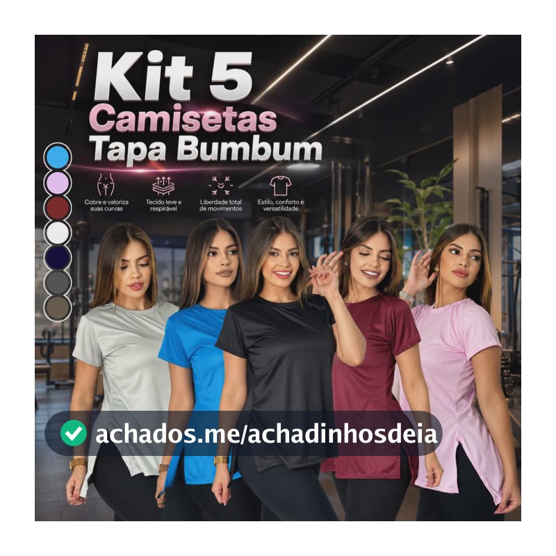 Kit 5 Camisas Academia Feminina Tapa Bumbum Fitness Treino Multicolorido Liso M