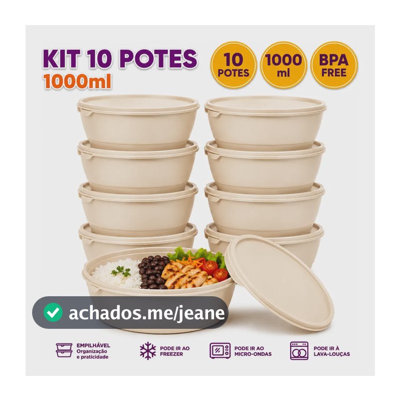 Kit 10 Pote C/ Tampa Plástico 1000ml, Marmita Bpa Free Reuti Bege