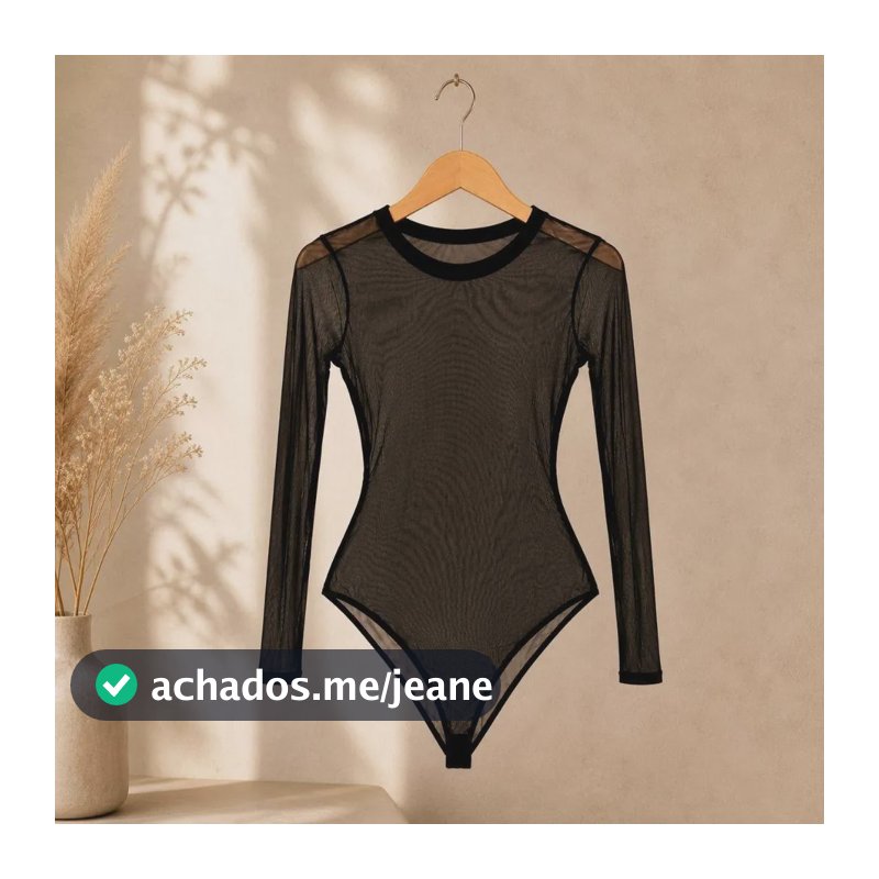 Body Tule Transparente Segunda Pele Manga Longa Feminino Preto Lisa Único 38 - 42