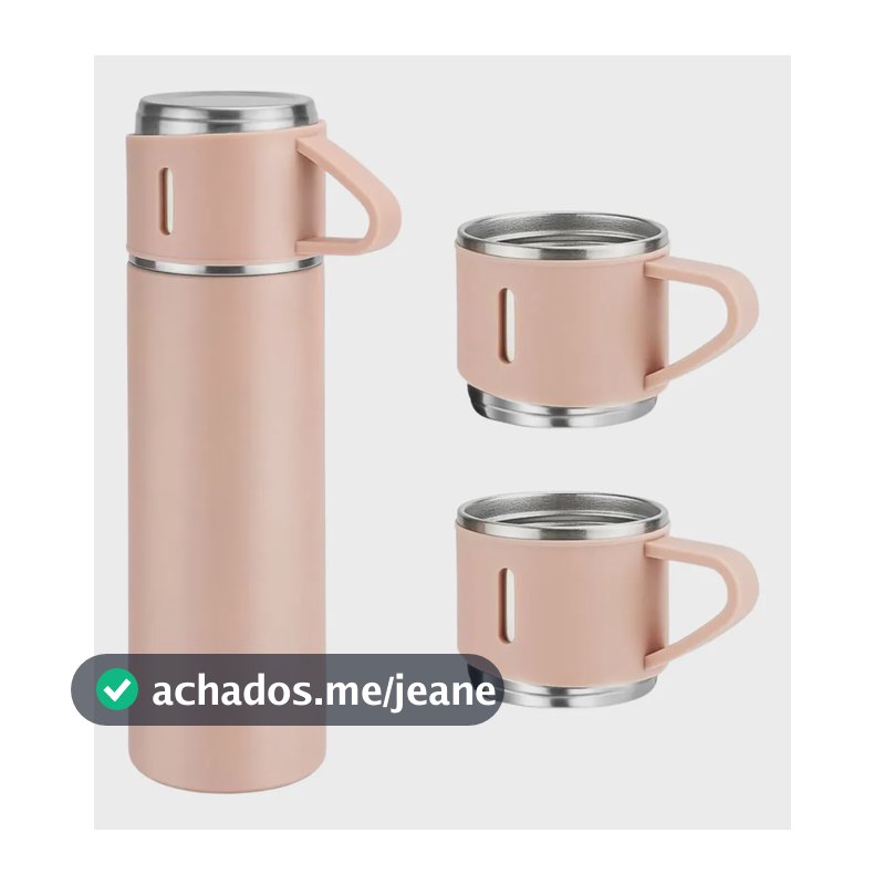 Garrafa Termica 500ml Café Chá Kit 3 Xicaras Vacuum Flask Rosa