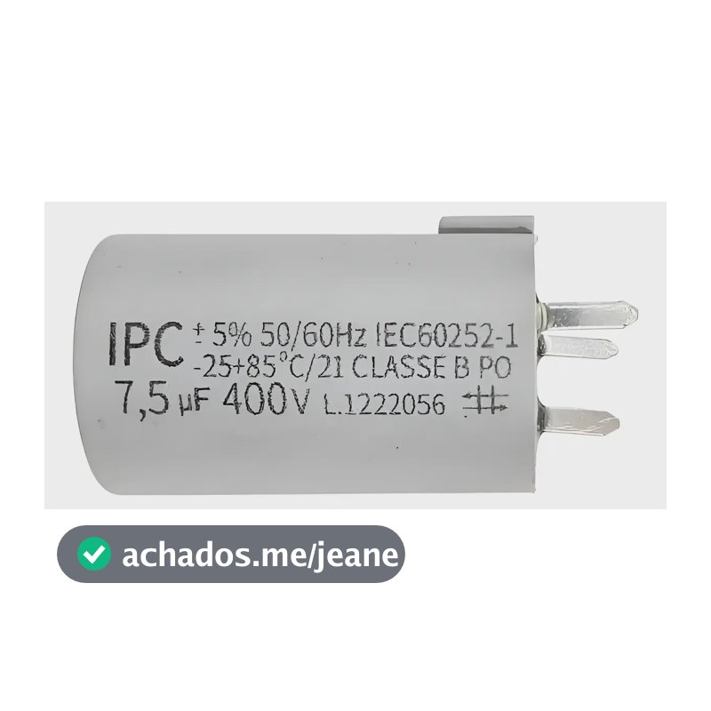 Capacitor P/ Ventilador 3 Pinos 7,5uf 50/60hz 400v Loren Sid 7.5uf 400vac