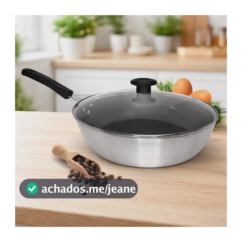 Frigideira Wok Funda C/ Tampa Chef Antiaderente 30 Cm  Prateado