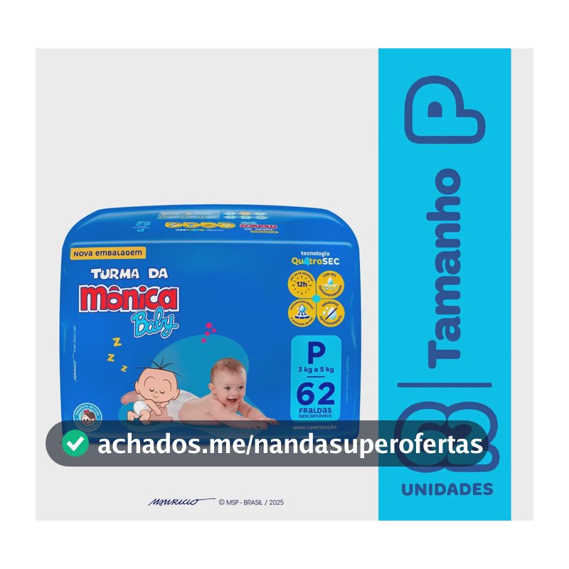Fraldas Descartáveis Baby Qu4troSec Com 62 Unidades Tamanho P Turma da Mônica
