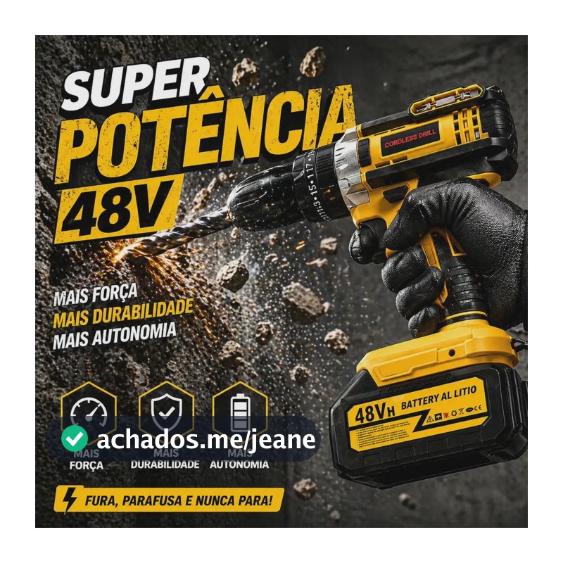 Furadeira Parafusadeira 48v Com 2 Baterias Recarregáveis Maleta Mandril 10mm Torque 32n.m 0-400/0-1400 Rpm Velocidade... Amarelo