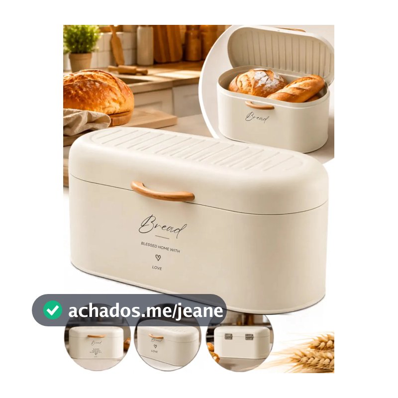 Porta Pães Grande de Metal Retangular com Tampa e Alça de Bambu, para Cozinha, Moderno – Revolux