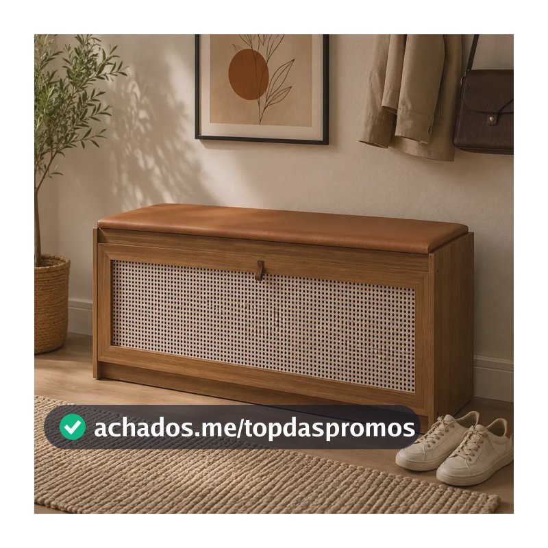 Banco Sapateira Multiuso Organizador Plenitude 130m 14 Pares Madeira Acento Almofadado Corino Inova BR Marrom