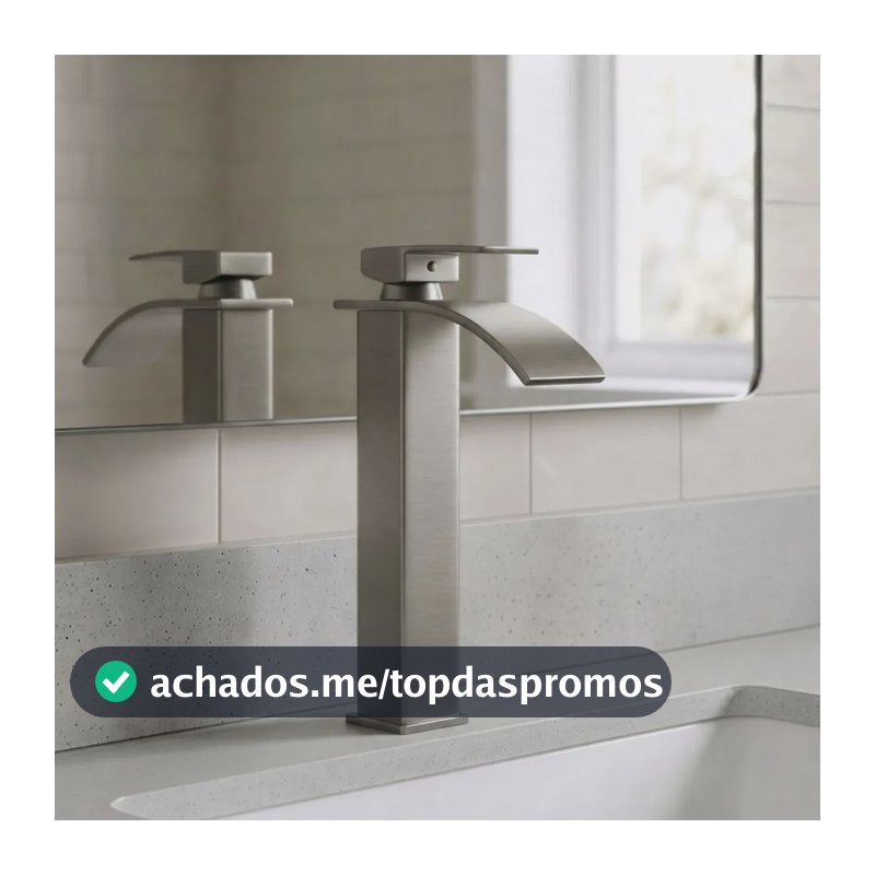 Torneira Cascata Monocomando para Cuba de Apoio Inox Escovado Bica Alta Água Quente e Fria