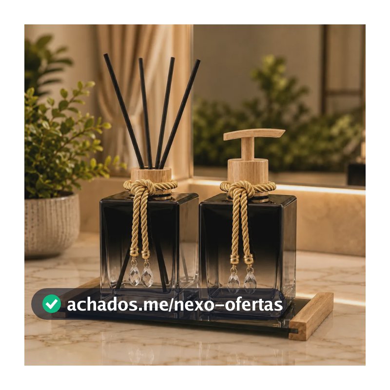 Kit Lavabo Sabonete Liquido + Difusor Cubo + Bandeja Luxo Preto Degrade C/ Amadeirado