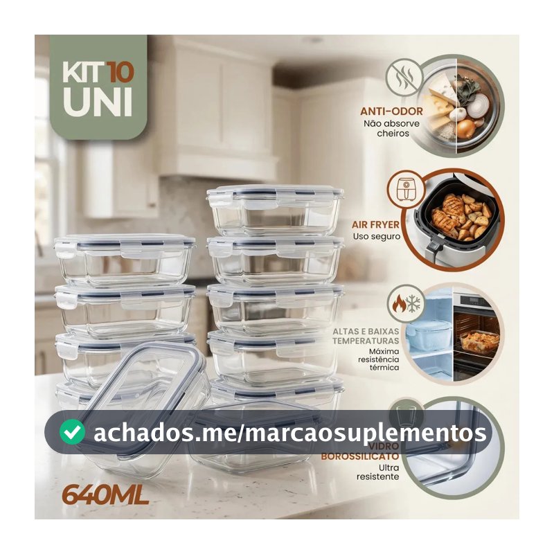 Kit 10 Pote De Vidro Marmita Hermético 640ml Freezer Fitness Rishon