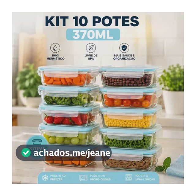 Kit 10 Potes Herméticos Vidro 370ml Marmita Fitness Tampa 4 Travas Anti Vazamento Forno Refratário Micro-ondas Airfryer Hxrd