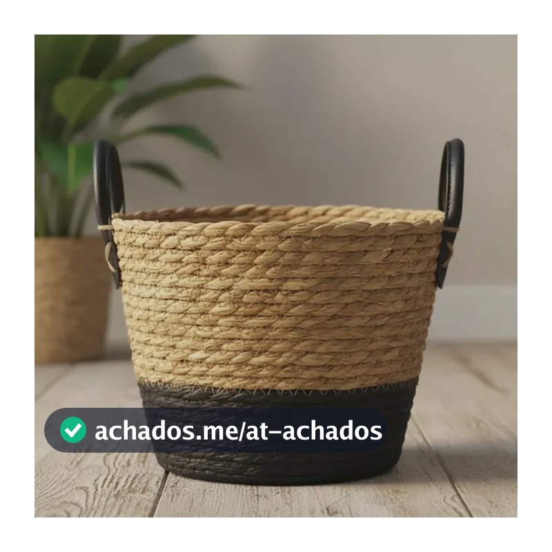 Cesto Rústico Fibra Natural Decoração Mantas Toalhas Plantas Cesto 24x24x18cm - Palha E Preto