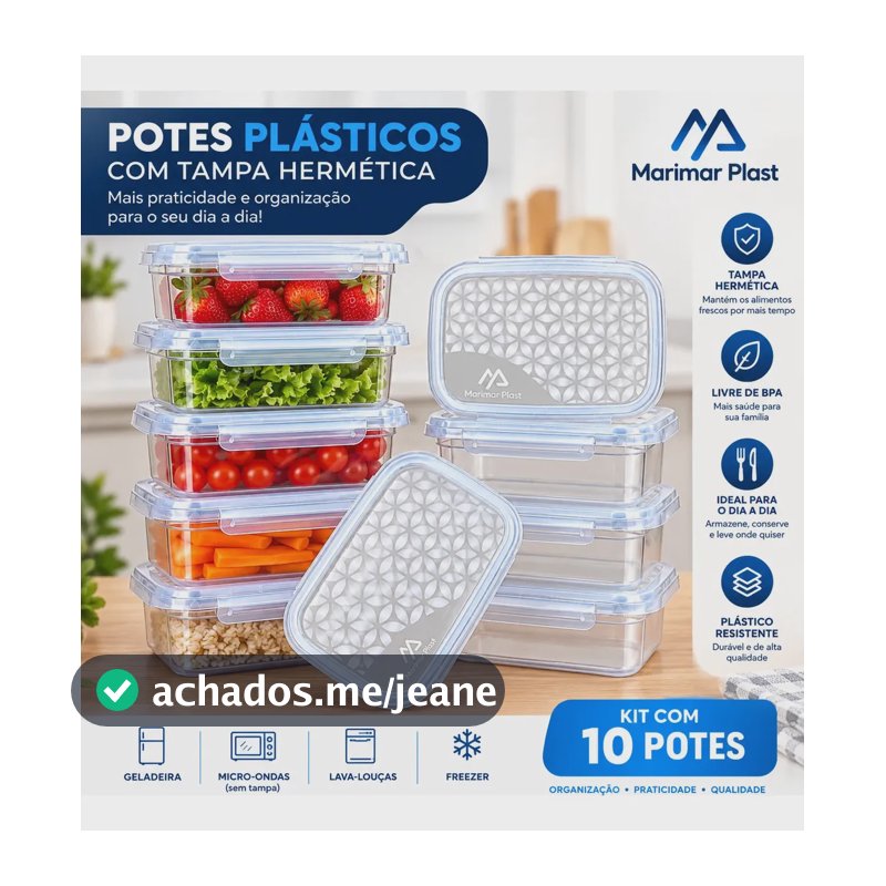 Kit 10 Vasilhas Para Comida 800ml Com Trava Lateral Freezer  Retangular Transparente