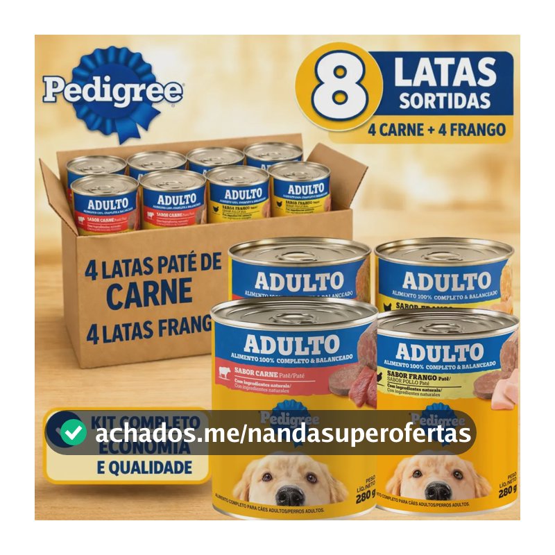 Pedigree Ração Sachê Kit 8 Lata Cães Sabor Patê Carne Frango