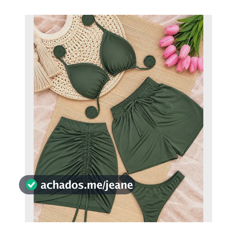 Conjunto Biquíni 4 Peças Com Saída De Praia Short E Saia. Verde Oliva Liso M