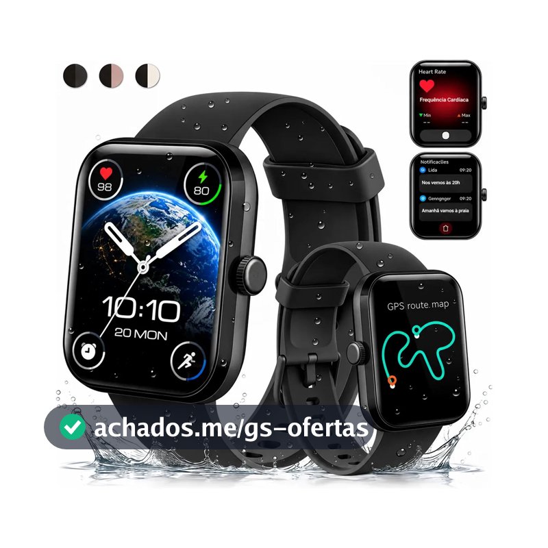 Relógio Inteligente Smartwatch GPS Autônomo Chamadas Bluetooth NOVANTE Moda Digital Feminino Masculino Esportivo Preto IP68 3ATM Agua Tela Hd 1.85 350mAh 10Dias Android IOS Com Monitoramento de saúde
