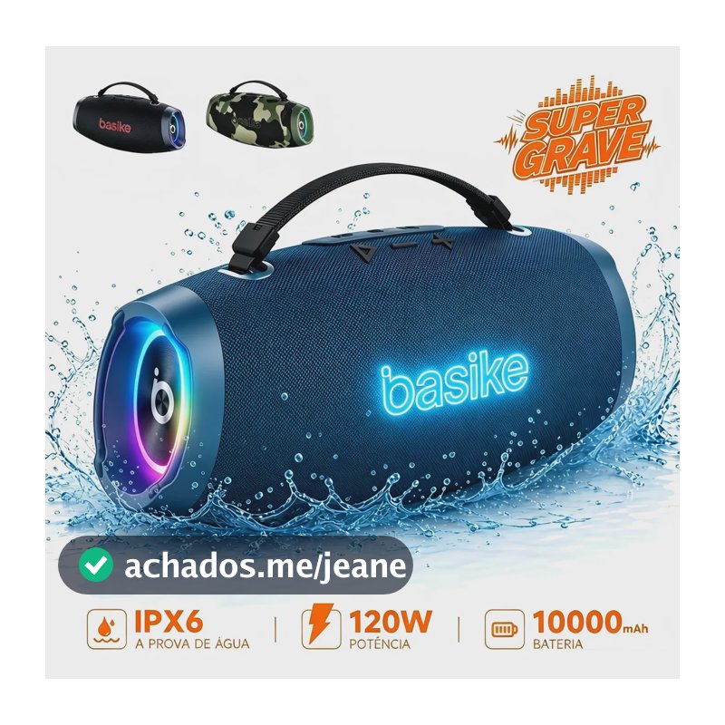 Basike Caixa Som Bluetooth 120W Boombox TWS Bass Boost IPX6 10000mAh USB Pendrive EQ Estéreo HiFi Portátil RGB Microfone Powerbank Aux TF Subwoofer para Festa Churrasco Praia Viagem Azul