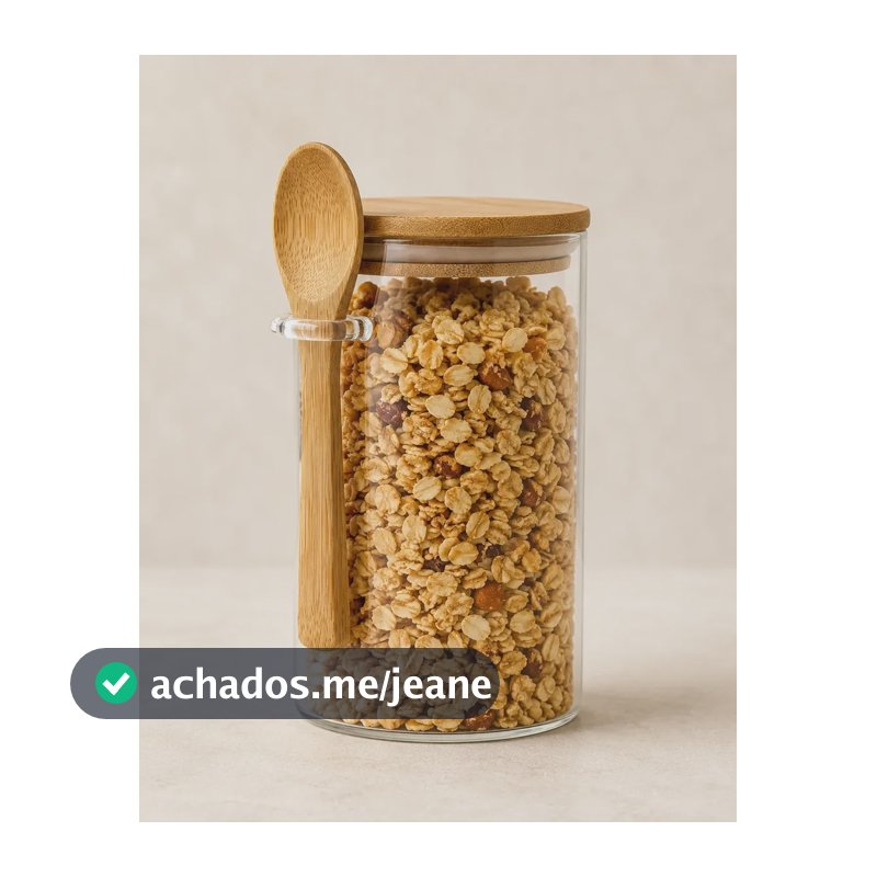 Pote De Vidro Com Tampa De Bambu Hermética E Colher 550ml Transparente