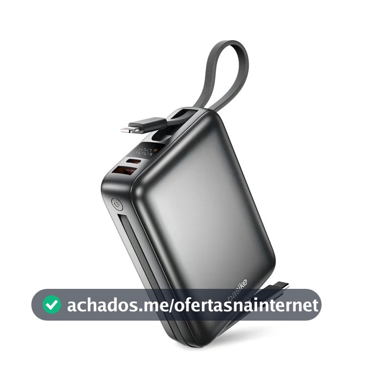 Carregador Portátil Power Bank Basike 20000mAh 22.5W Rápido Cabos Embutidos Tipo C iPhone Samsung