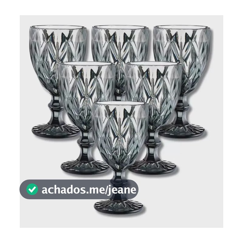 Jogo 6 Taças De Vidro Cristal Copo Diamond Luxo Elegante Grafite Fumê