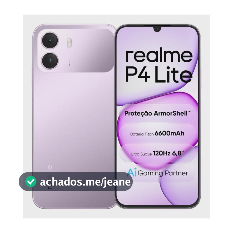 Celular Smartphone realme P4 Lite 256GB 4GB Ram (Até 12GB de RAM Dinâmica) Dual Sim, Bateria Titan 6600mAh, chipset octa-core, Tela 6,8" 120Hz, Proteção ArmorShell, AI Gaming Partner, Violeta