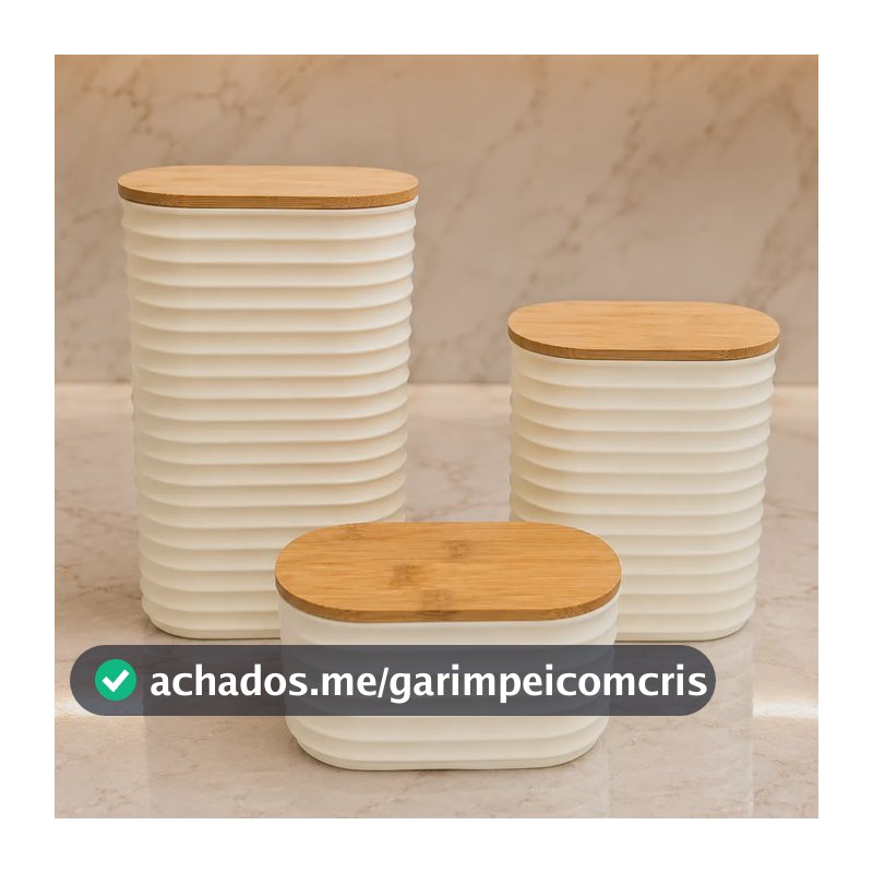 Kit Pote Porta Mantimentos Plástico Tampa De Bambu Cozinha Kit De 3 Off White Pmg