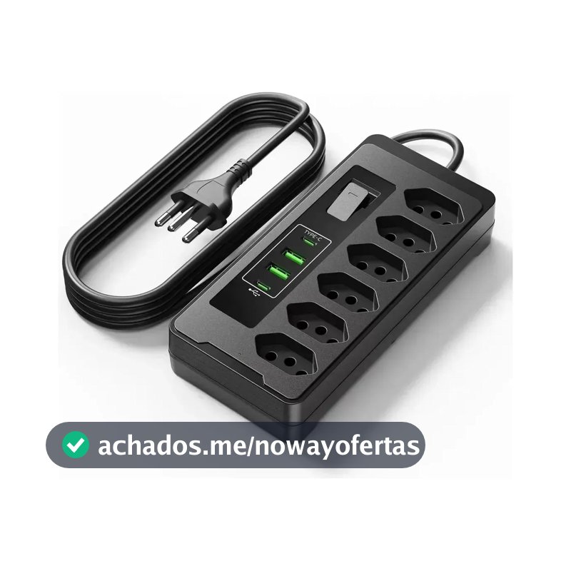 Filtro De Linha Régua Extensão 6 Tomadas E 2 Usb 2 Pd 2500 Watts Equipado Com Um Interruptor De Protecção Automática De Sobrecarga Protetor Elétrico Cabo 2 Metros 10 a Cor Preto-PLUGADO