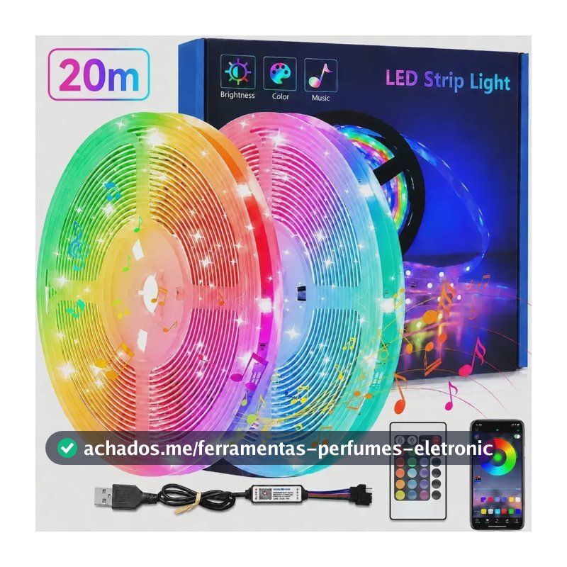 Fita Led Rgb 20m Usb Bluetooth App Controle Remoto Ip20 3535 Rgb 127/220v Usb