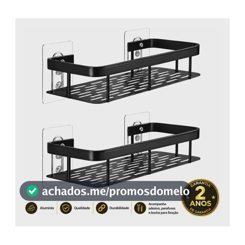 Kit 2 Suporte Porta Shampoo Sabonete Banheiro Adesivo Parede Sem Furos Box Luxo Cor Preto Laruno