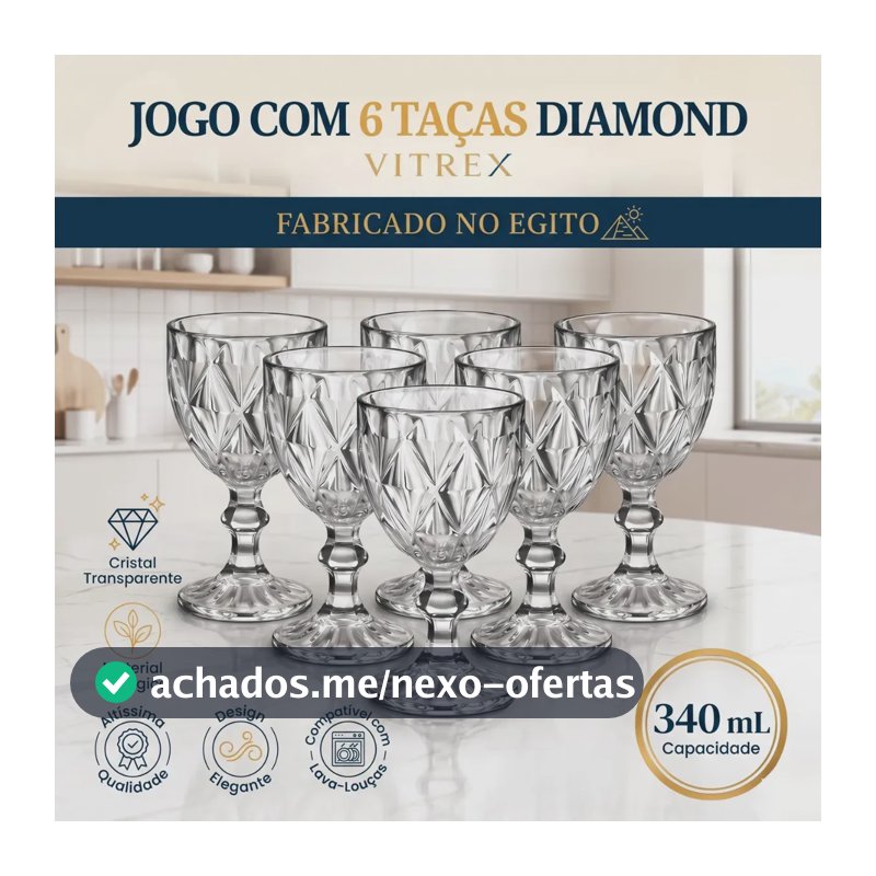 Jogo 6 Taças de Cristal 340ml Diamond Transparente Lapidado Vitrex