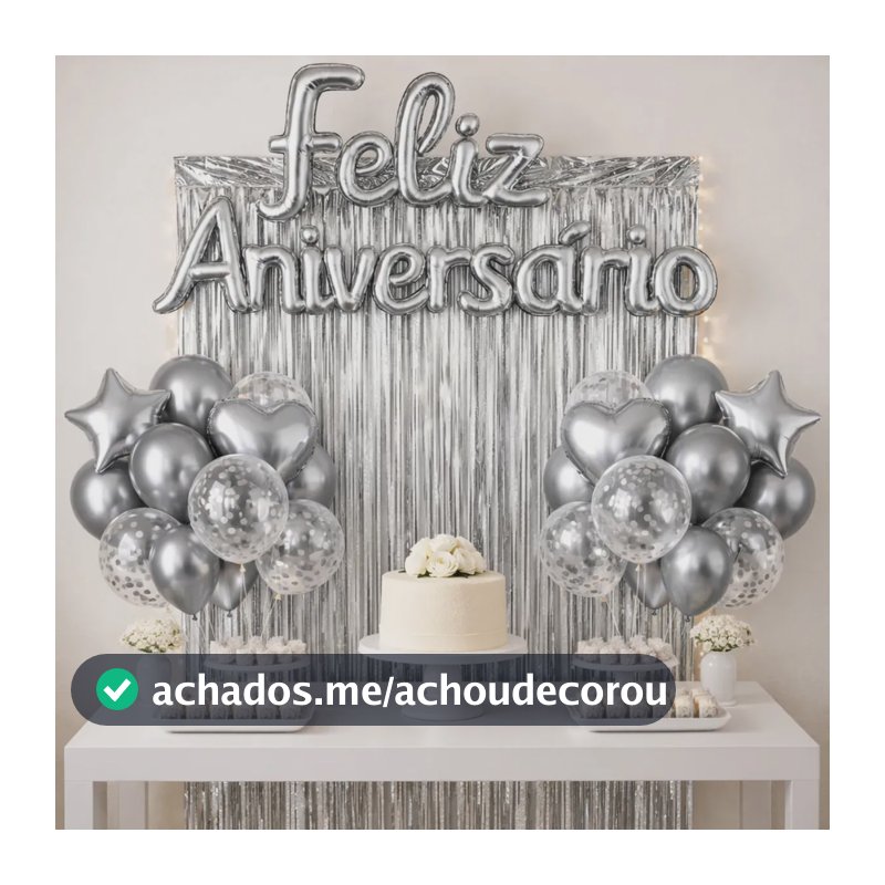Kit Balão Feliz Aniversário Festa Cortina Faixa Decoração Prata