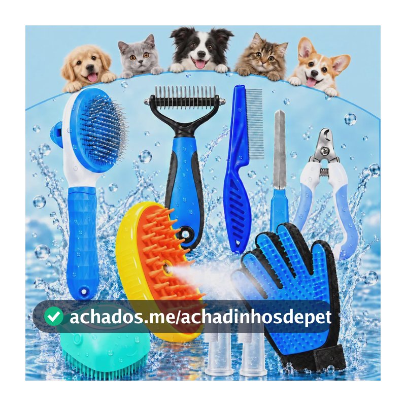 Kit Higiene e Banho Pet 10 Peças, ideal para cuidar do seu pet em casa. Inclui escovas desembolador, tesoura, lixa, luva e acessórios de limpeza.