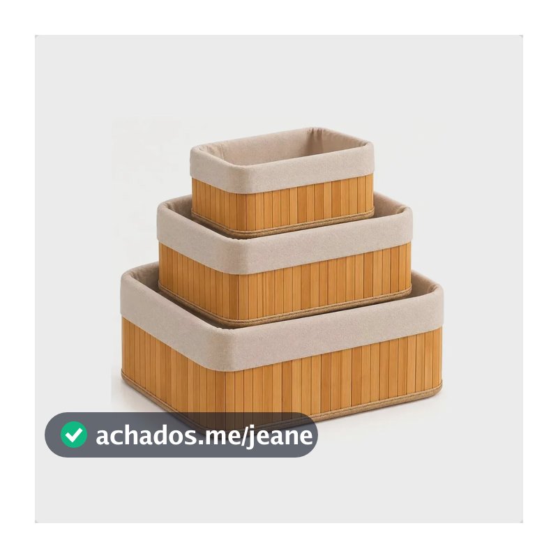 Kit 3 Cestos Organizadores de Bambu Retangulares com Forro para Casa e Banheiro