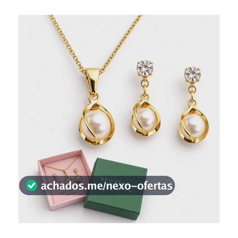 Conjunto Colar E Brinco Pérola Banhado Ouro Presente Dourado