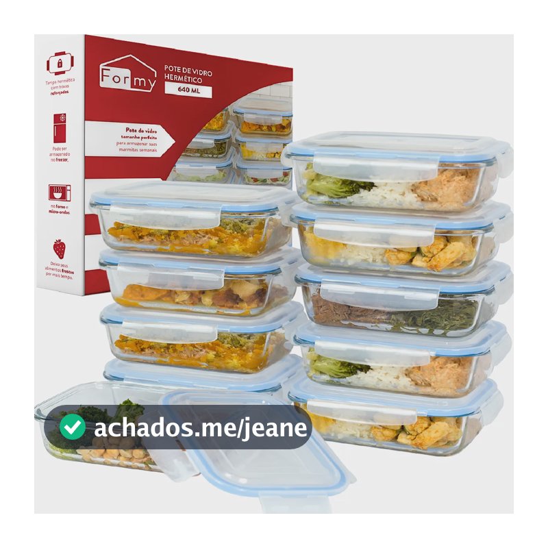 Kit 10 Potes Vidro Hermético 640ml Marmita Fitness Freezer Transparente