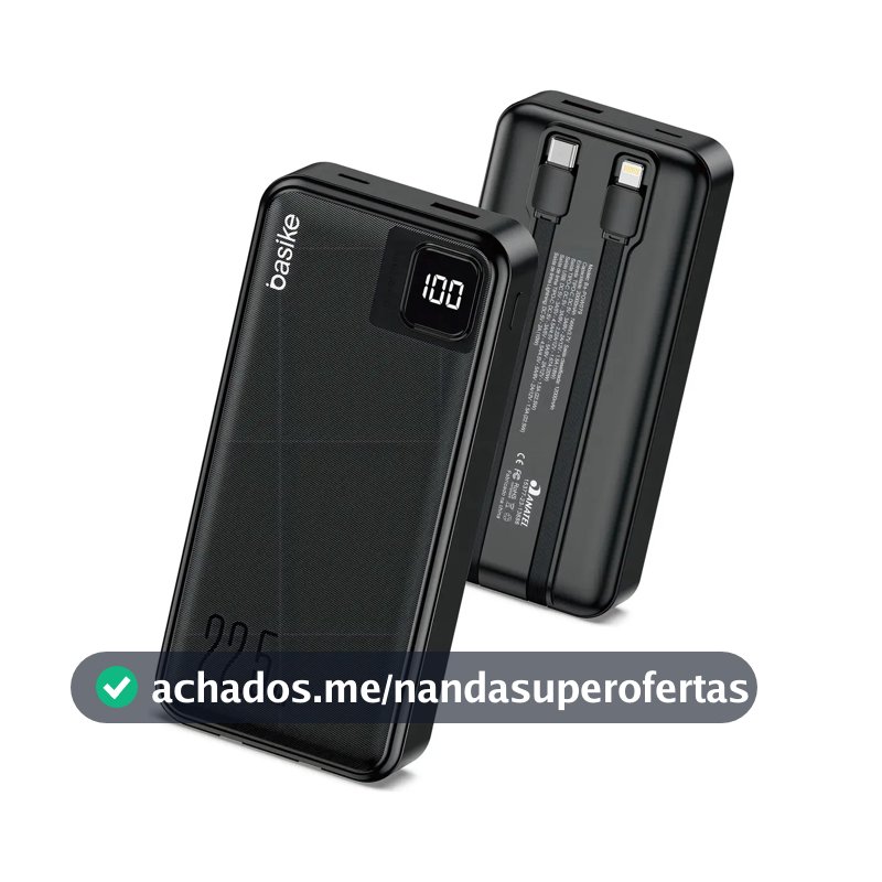 Power Bank Basike 20000mAh Preto, Carga Rápida 22.5W para iPhone e Samsung, Com Cabos Embutidos e Display