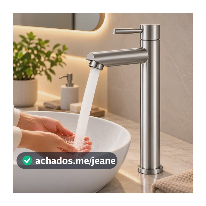 Torneira Banheiro 1/4 Volta Bancada Bica Alta Luxo Inox 304 Aço Escovado