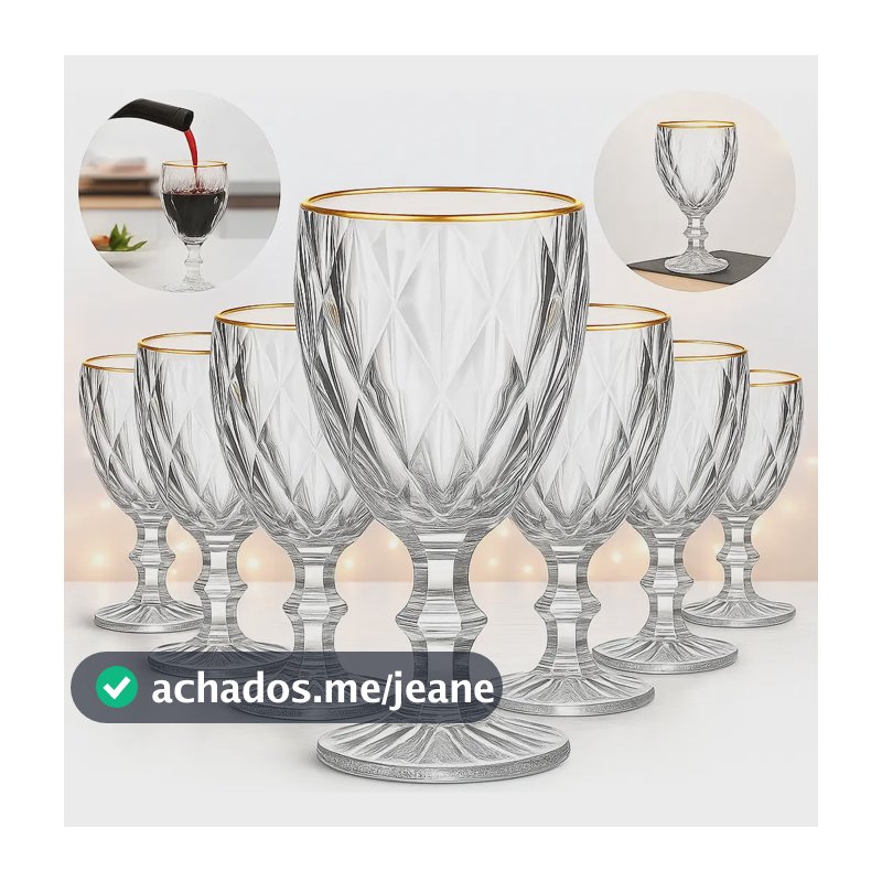 Jogo 6 Taças Diamante Luxo 330ml Copo Diamond Borda Dourada Vidro / Borda Dourada