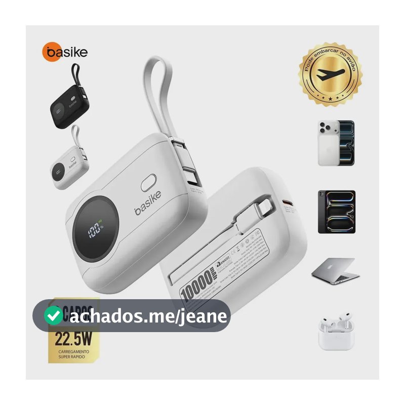 Power Bank Basike 10.000mAh de Carga Rápida c/ Cabo e Display Digital Para Celular