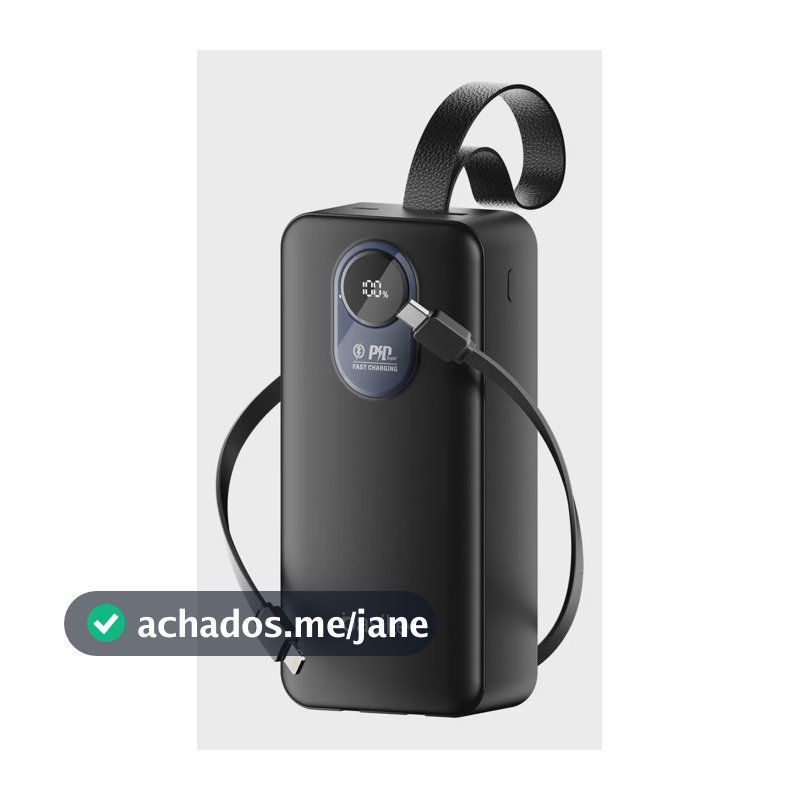 Power Bank Basike 30.000mAh Portátil, Carregamento Rápido 22.5W, com Cabos Embutidos e Display LED para iPhone e Samsung