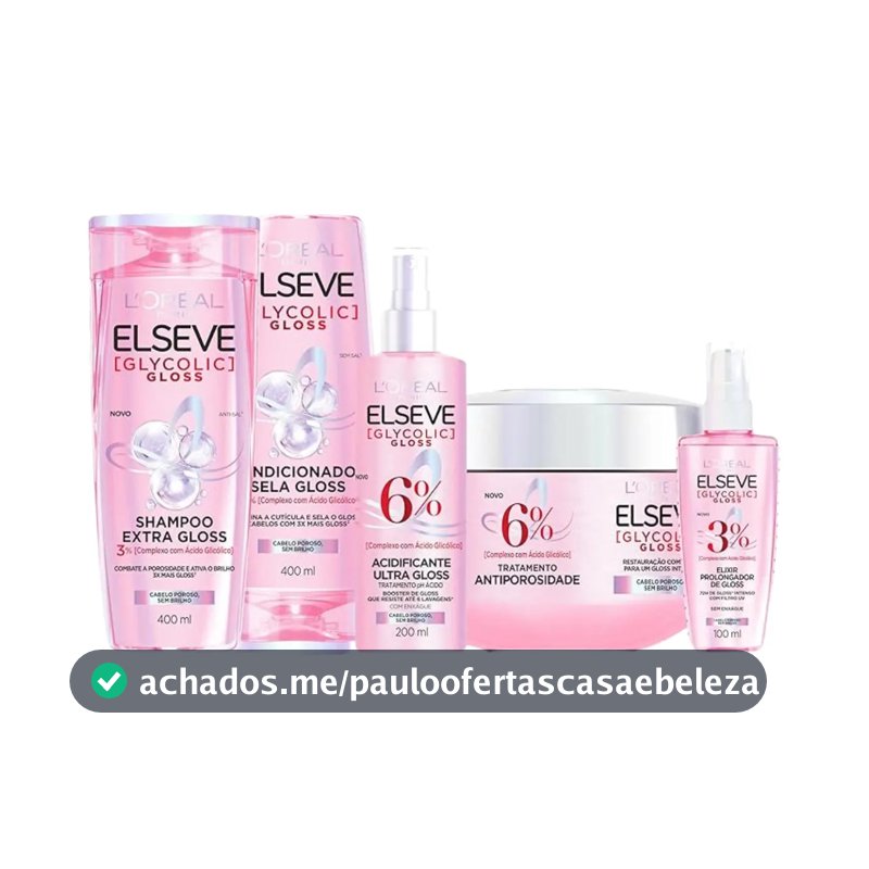 Kit Tratamento Capilar L'Oréal Paris Elseve Glycolic Gloss, Combate Porosidade, 5 Produtos para Brilho e Alinhamento