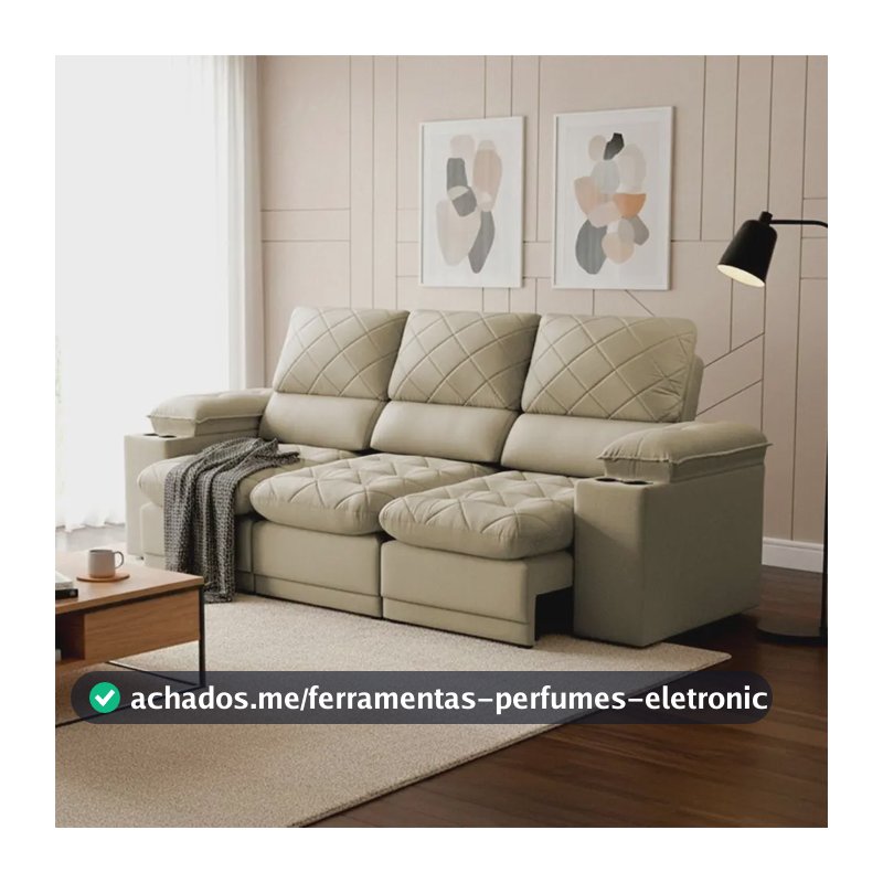 Sofá Veneza 2,40m Retrátil Reclinável Bege Usb E Porta Copos Bege