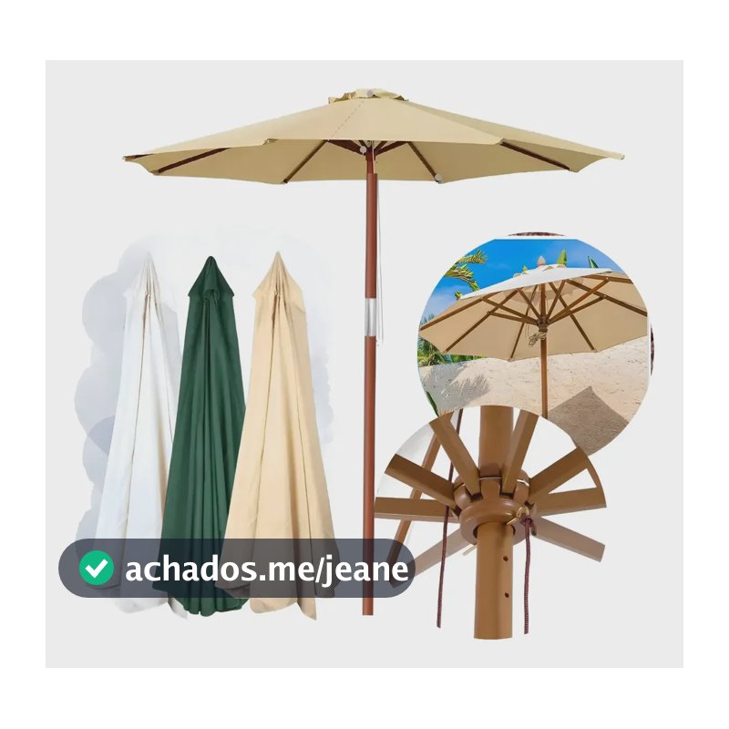 Ombrelone 3 Metros Madeira Impermeável UV Jardim Praia Piscina Bege