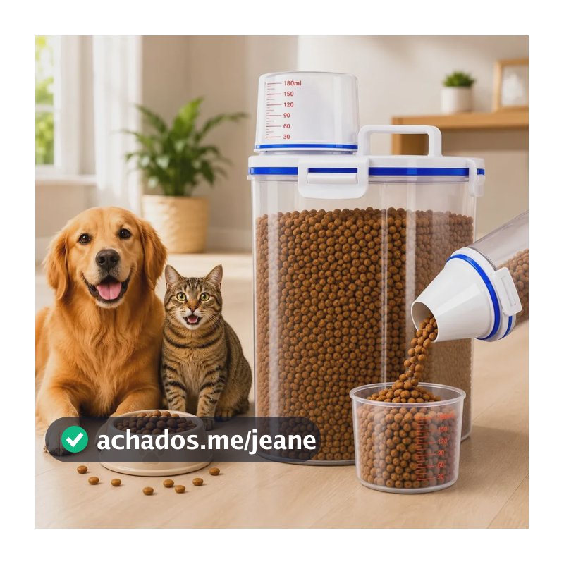 Pote Porta Ração Cachorro Gato Cães Pet Dispenser Hermético com Copo Medidor Dosador Tampa Vedação Container Transparente Antiformiga Capacidade 2,5 Litros Laleli