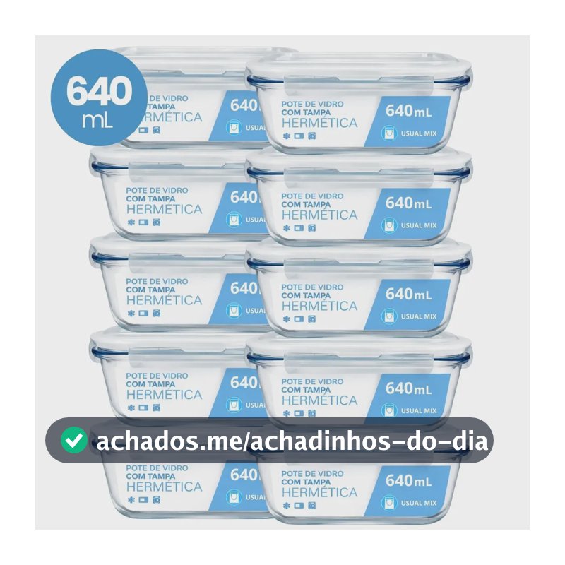Kit 10 Pote Vidro Hermético Marmita 640ml Micro-ondas Freezer Forno Organização Geladeira