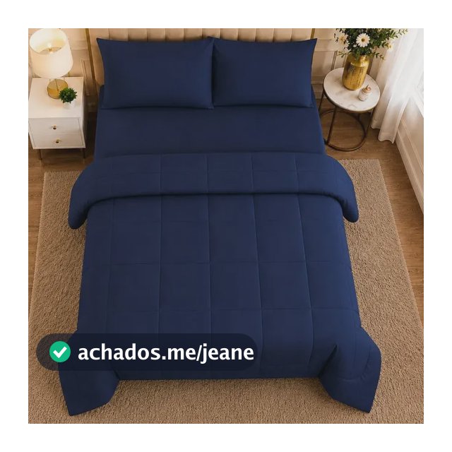Kit Edredom Casal + Jogo Lençol 3 Peças Micropercal 400 Fios Azul-marinho Liso
