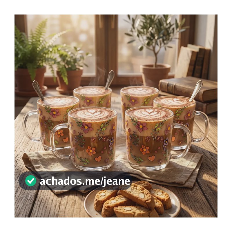 Conjunto 6 Canecas Chá Café Amor E Flor 220ml Vidro Delicado Incolor Corações E Flores